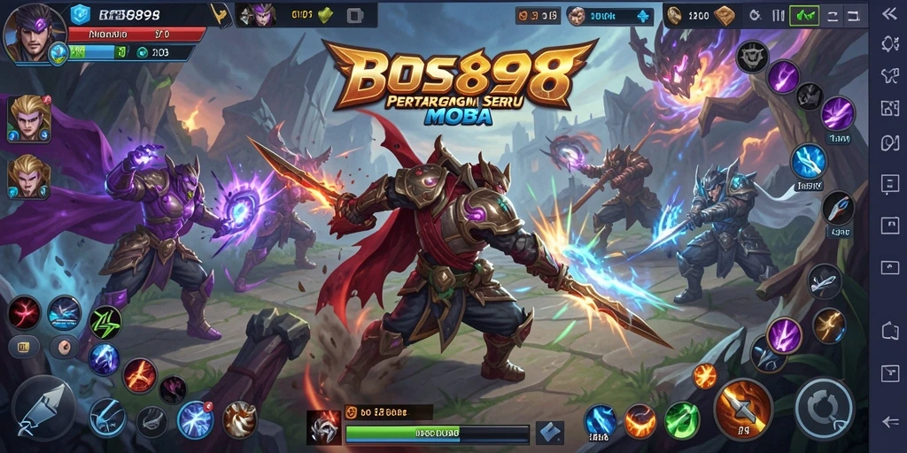 Tangkapan layar utama BOS898 menampilkan aksi pertarungan MOBA yang seru.