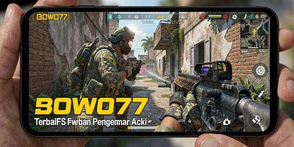 Screenshot menampilkan aksi intens dalam BOWO77 dengan gameplay FPS.