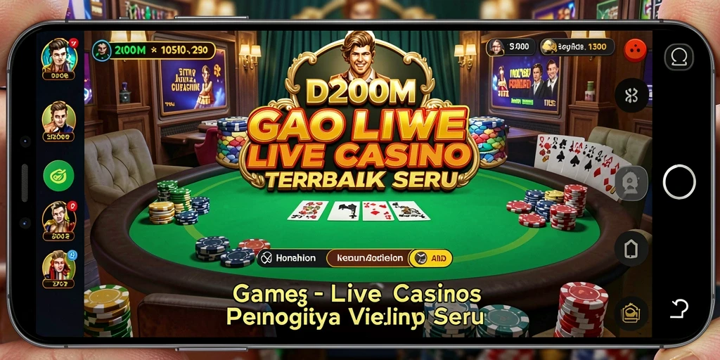 Screenshot gameplay D200M yang menampilkan dealer langsung dan suasana kasino.