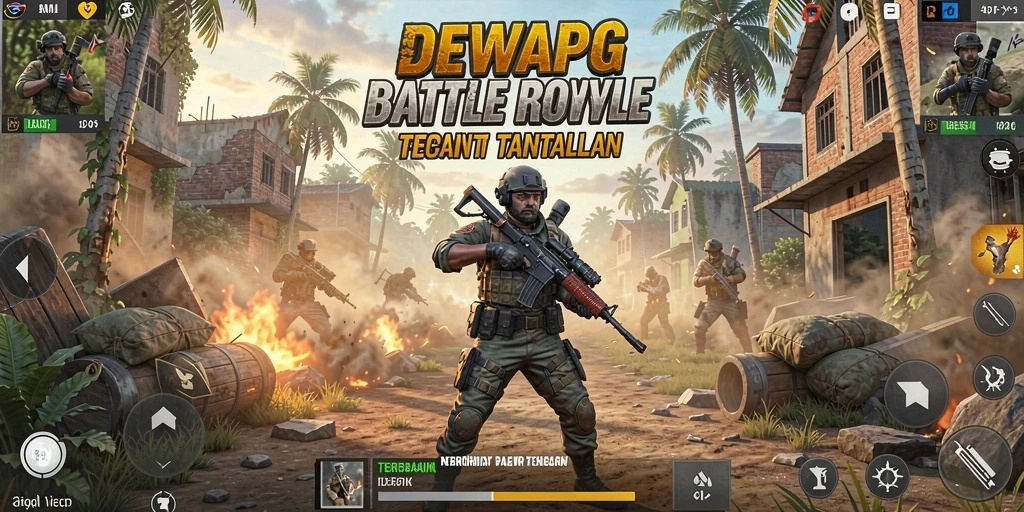Screenshot utama DEWAPG menampilkan aksi seru dalam pertempuran Battle Royale.