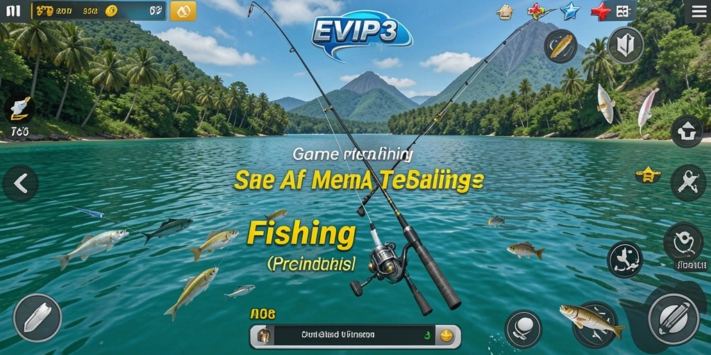 Tampilan gameplay <strong>EVIP3</strong> dengan aksi memancing yang seru dan grafis yang menawan.