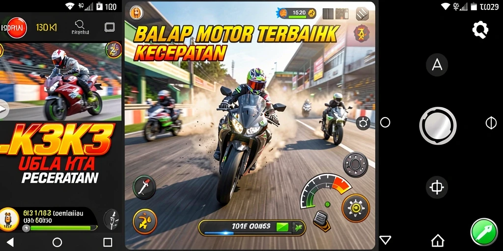 Gameplay K3K3 yang mendebarkan dengan balapan motor cepat.