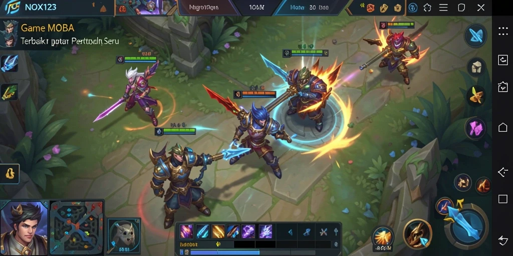 Tampilan gameplay seru dari NOX123 dengan karakter MOBA yang menawan.