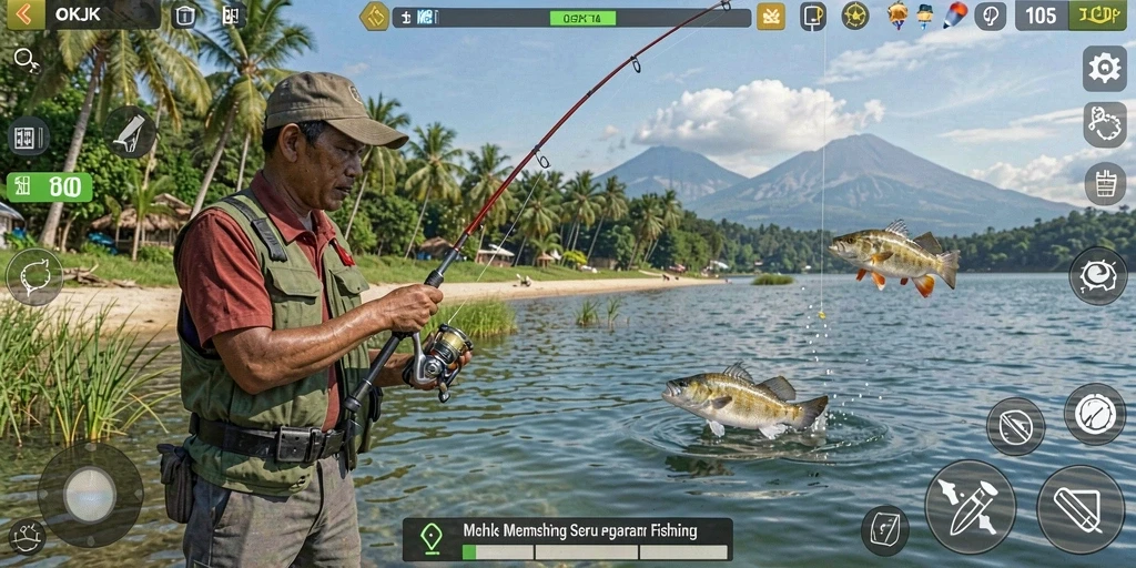 Tampilan gameplay OKJK dengan aksi memancing yang mendebarkan.
