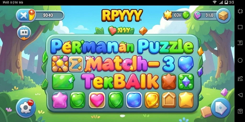 Tampilan gameplay RPYYY yang menarik dengan permata berwarna-warni.